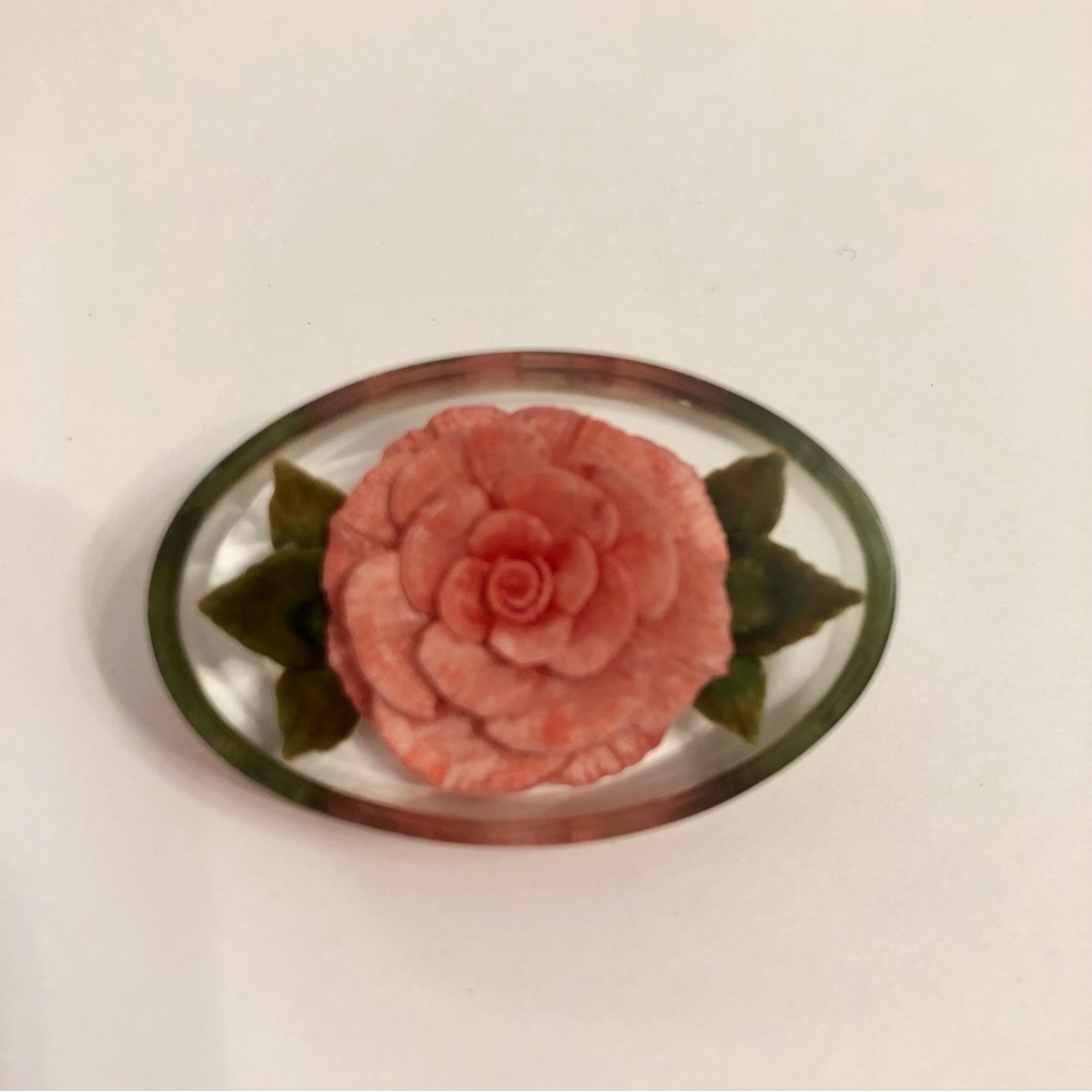 Vintage Oval Lucite Floral Brooch Pin with Pink Coral Rose green  leaves